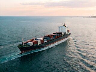 Container Ship Sailing on Calm Ocean at Sunset