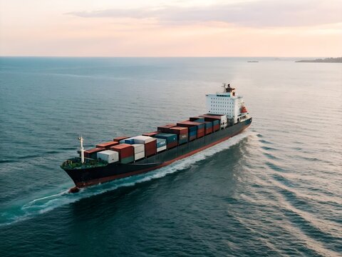 Container Ship Sailing on Calm Ocean at Sunset
