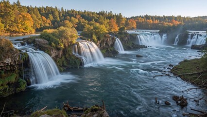 Fototapeta premium Morning scene of waterfalls gently spilling into a lake with motion blur