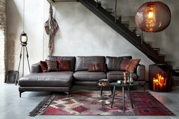 A spacious living room features a dark brown leather sectional sofa, a patterned rug, a metal coffee table, a tripod lamp, and a large spherical pendant light,