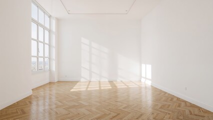 Fototapeta premium Empty living room corner featuring white walls and wood-look parquet flooring, a modern apartment design concept.