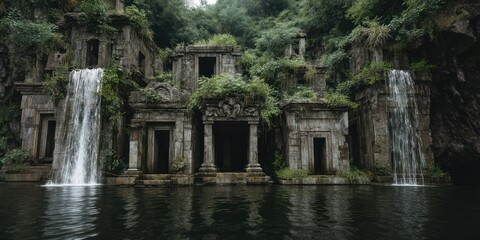 Abandoned floating temples with waterfalls spilling into the void below