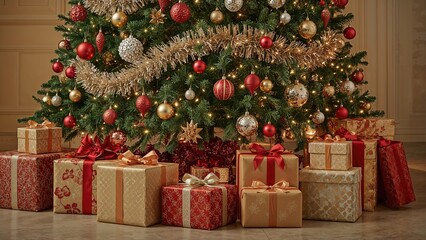 Brightly lit indoor festive scene with a decorated tree and presents