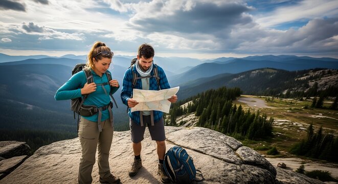 Hiking couple navigating with a map on a mountain top