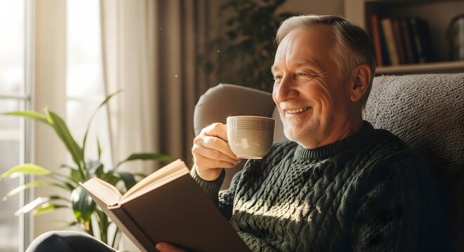 Content senior man relaxing with a book and coffee by the window.