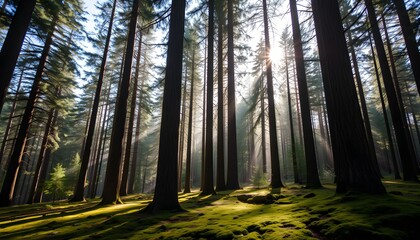 Obraz premium Sunlight filtering through tall trees in a misty forest.