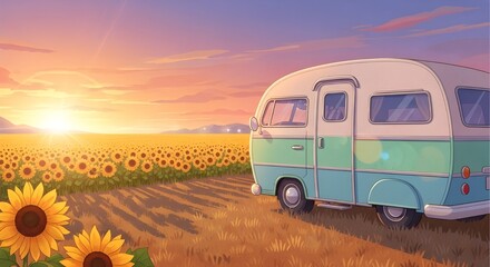Vintage camper van parked by sunflower field at golden hour