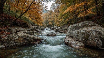Tranquil flow of a mountain stream surrounded by colorful autumn leaves, perfect for relaxation and therapy.