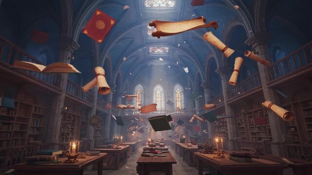 A Mystical Library with Floating Books and Scrolls Capturing the Enchantment of Knowledge in a Grand Hall with Illuminated Windows and Dusty Air
