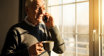 Senior man enjoying phone call and coffee in sunlight by a window