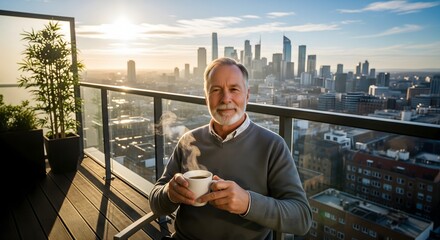Senior man drinking coffee on balcony with city view at sunrise