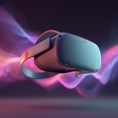 Futuristic virtual reality headset immersed in abstract neon light waves