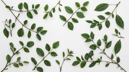 Obraz premium Green leaf clusters arranged flatly on a white background