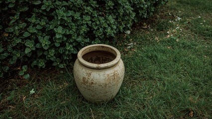 Obraz premium Aged pottery vessel found in a deserted backyard area with foliage.