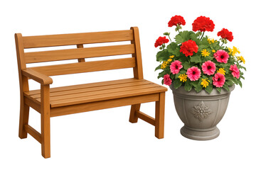 wooden bench and flowers in decorative pot isolated on white transparent background. improvement territory