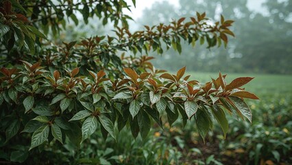 Colorful young leaves of cinnamon plant in green and red hues, nature background, tree, woodland, garden, agriculture