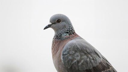 Grey pigeon against a plain white backdrop.
