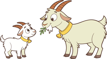 Goat vector design, Goat logo and icon design, Goat and baby goat eating grass illustration vector design