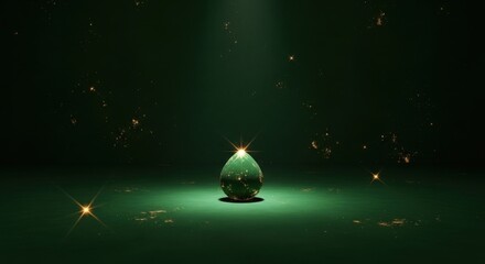 Mystical Green Glowing Gemstone Surrounded by Sparkling Stars in Dark Space Background