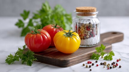 Three tomatoes sit on a wooden cutting board next to a jar of spices. The spices include pepper, salt, and garlic. The arrangement of the tomatoes and spices creates a sense of freshness