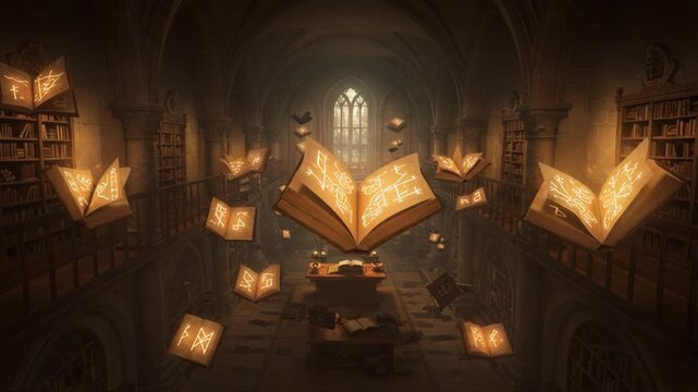 A Mysterious Library Filled with Enchanted Books: An Ethereal Scene of Floating Tomes and an Illuminated Atmosphere Captivating the Imagination