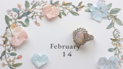 A romantic setup with opal rings on a calendar page dated February 14, accompanied by paper hearts and floral designs for a wedding or love theme