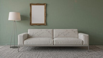 In front of a green wall, a grey carpet lies beneath a sleek sofa with marble accents, accompanied by a lamp and a framed piece.