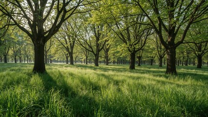 Obraz premium Springtime Natural Scenery with Bright Green Grass and Trees Under Sunlight
