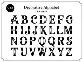 A black and white decorative alphabet font with a vintage, ornate style. Complete vector set of Latin letters for typography and design.