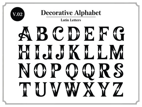 A black and white decorative alphabet font with a vintage, ornate style. Complete vector set of Latin letters for typography and design.