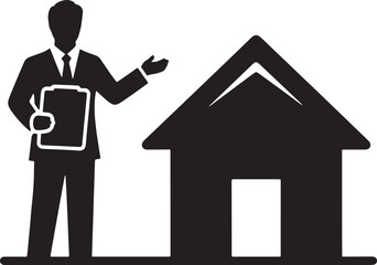 Real estate agent presenting a house. Black and white icon.