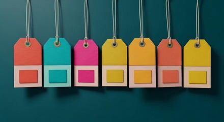 Multicolored layered tags hang neatly against a dark teal background, showcasing varied vibrant tones
