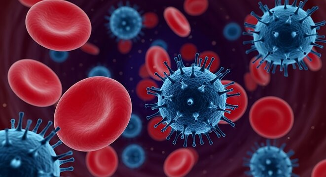 Blue coronavirus cell with spikes and red blood cells floating around on a dark red background