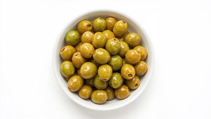 White bowl filled with green olives, isolated on a white surface, detailed close-up