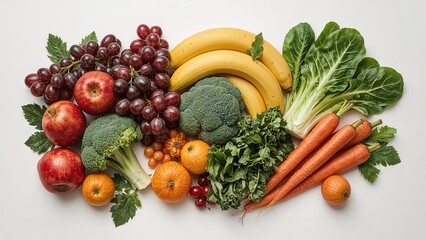 Variety of fresh fruits and veggies on a plain white surface