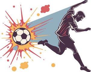 Soccer player in motion kicking a ball with explosive abstract starbursts and colorful dots on a white background with a blue diagonal stripe  EPS file download