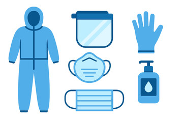 Protective health gear displayed on a white background, including a suit, masks, gloves, and sanitizer for safety measures
