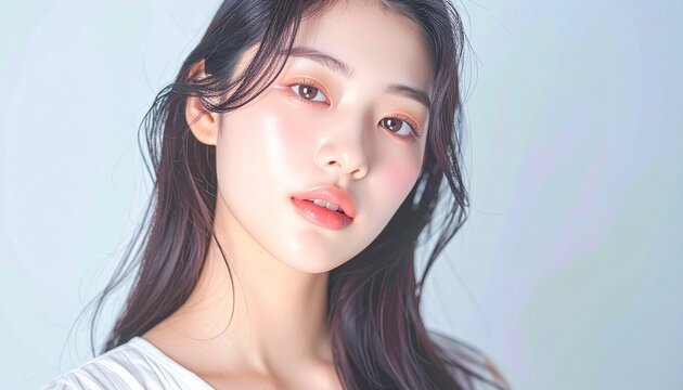 日本人, 清楚な若い女性, 横顔, ナチュラルな笑顔, 柔らかい光, 白背景, 透明感ある肌, 美容広告スタイル Japanese, modest young woman, side profile, natural smile, soft light, white background, translucent skin, beauty ad style