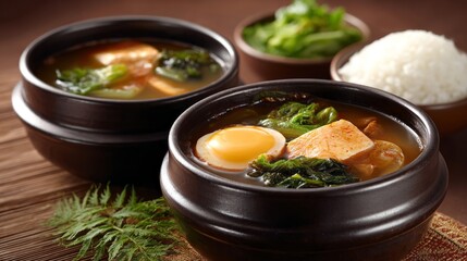 Savor rich kimchi jjigae with tofu and fresh vegetables served in traditional bowls