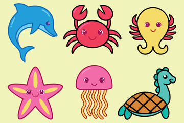 Fototapeta premium Cute cartoon sea creatures collection isolated on white background