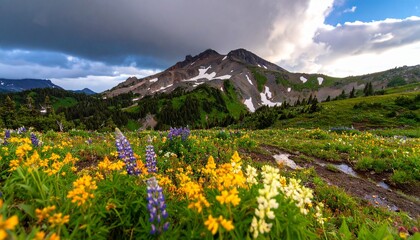 Countryside landscape with rolling hills, sunlit meadows, and dramatic light streaming through partly cloudy skies.