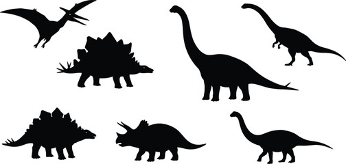 Cad drawing flat vector illustration, dinosaur silhouette, prehistoric animal shapes, black and white graphic, extinct species, educational vector art, stock image
