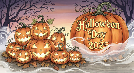 A halloween day celebration with carved pumpkins and spooky trees in a cartoon style illustration