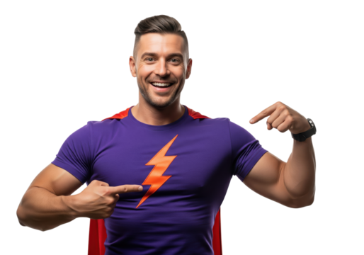 Excited superhero man pointing to himself isolated on a transparent background