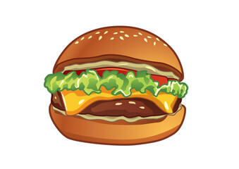 Classic hamburger featuring a juicy beef patty, melted cheese, fresh lettuce, and tomato in a toasted sesame seed bun for food enthusiasts.