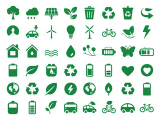 Ecology Icon Vector Set &ndash; 40 Green Solid Symbols for Recycling, Circular Economy, and Environmental Sustainability