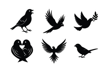 bird flying and perched silhouettes collection for nature wildlife and animal design vector silhouette on white background