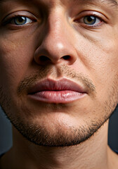 Obraz premium A detailed close-up of a person's face showing skin texture eyes nose mouth and stubble. Ideal for health beauty dermatology or realism themed projects.