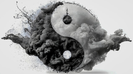 Abstract Duality: Smoke-Formed Yin Yang on Clean Gray, Wide Copy Space.Generative AI