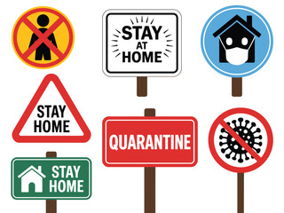 Quarantine and Stay-at-Home Public Health Signs, Vector Traffic and Warning Icons for Pandemic